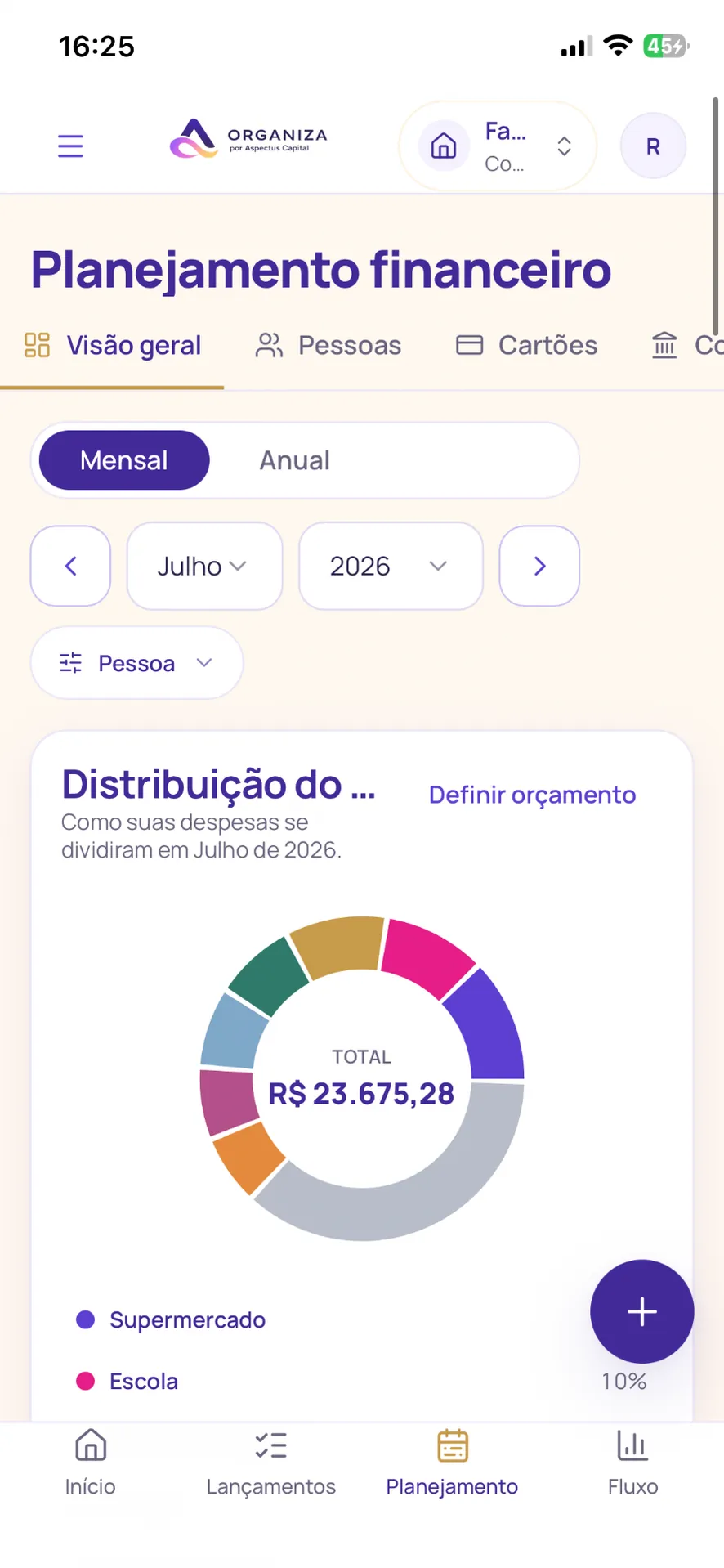 Planejamento financeiro com distribuição de despesas por categoria